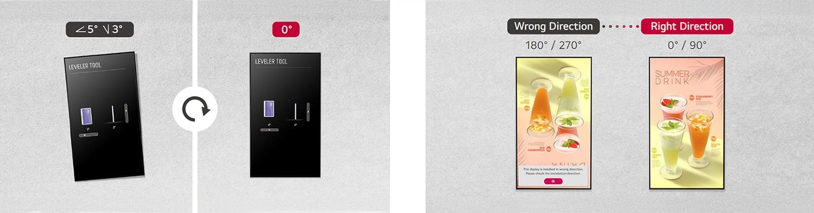 "התקנת צג ללא הטיה בעזרת כלי הפילוס. בעזרת כלי החישה האופקית, ניתן להתקין מחדש את הצג בכיוון הנכון, במקרה שהוא מותקן בכיוון הלא נכון."