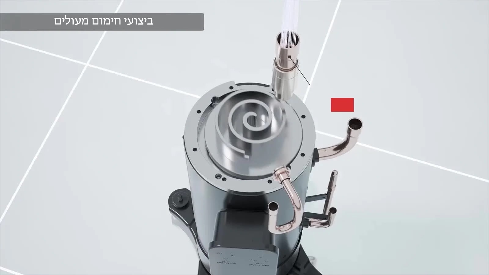 תקריב של רכיב LG Inverter Scroll Chiller מציג יציאות כניסת גז ופריקה המחוברות לצינורות מתכת.