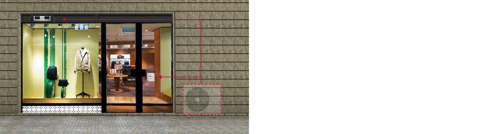 An Image of front window of a clothing store from outside viewpoint.