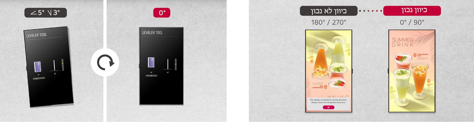 "התקנת צג ללא הטיה בעזרת כלי הפילוס. בעזרת כלי החישה האופקית ניתן להתקין מחדש את הצג בכיוון הנכון, במקרה שהוא מותקן בכיוון הלא נכון."