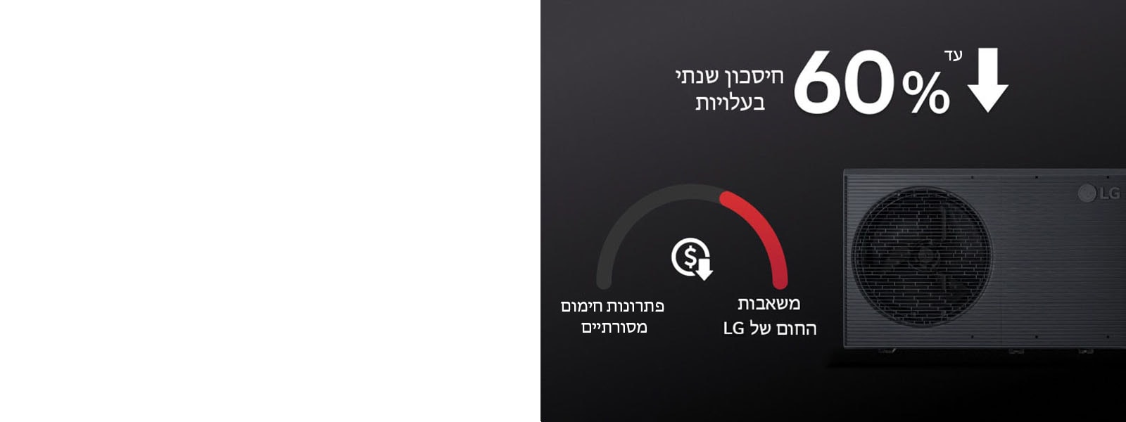 ליד יחידת LG THERMA V השחורה מוצג גרף שמראה כי שיטת משאבות החום אוויר למים יכולה לחסוך כסף בהשוואה לדוד רגיל.