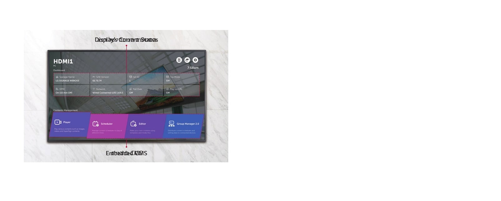 WP402 מספק תפריט בית שמציג את הסטטוס הנוכחי של הצג וCMS מובנית.