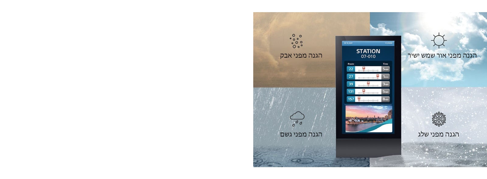 הצג מוגן מפני אבק, אור שמש ישיר, גשם ושלג.