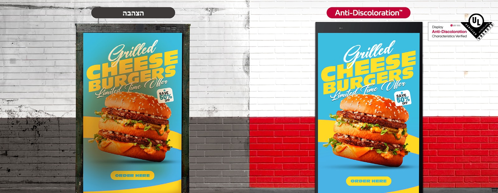 בצד שמאל של המסך מוצגת הצהבה הפוגעת באיכות התצוגה, אך עם מסך ה-XF3P, שקיבל את תכונות UL Verification -Anti-Discoloration, המסך, כפי שהוא מוצג בצד ימין, נשאר ברור ואיכות התצוגה נשמרת.