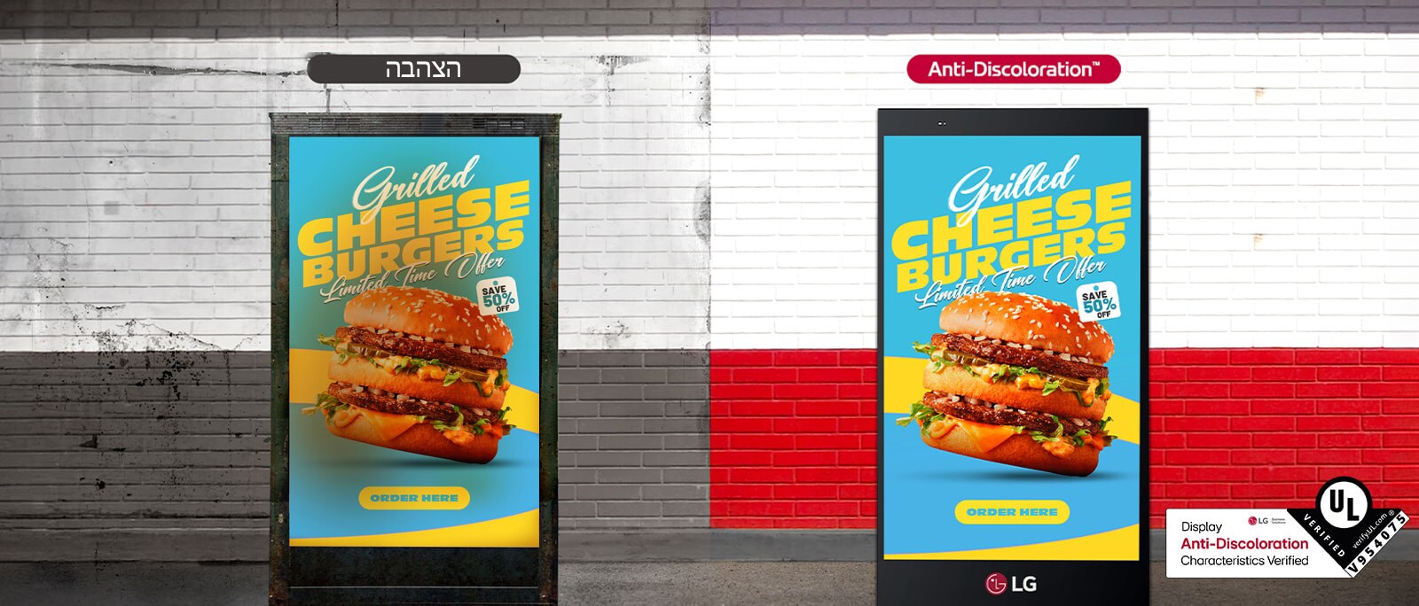 בצד שמאל של המסך מוצגת הצהבה הפוגעת באיכות התצוגה, אך עם מסך ה-XF3P, שקיבל את תכונות UL Verification -Anti-Discoloration, המסך, כפי שהוא מוצג בצד ימין, נשאר ברור ואיכות התצוגה נשמרת.