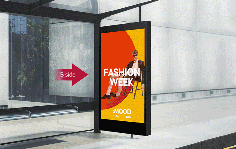 תצוגה דו צדדית מותקנת בקצה תחנת האוטובוס. בעל רזולוציית UHD, המסך מבטא את הפרסומות הצבעוניות בצורה חיה וברורה.