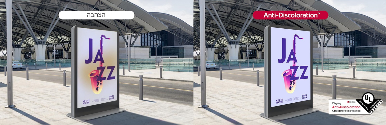 בצד שמאל של המסך מוצגת הצהבה הפוגעת באיכות התצוגה, אך עם מסך ה-XF3CK, שקיבל את תכונות UL Verification -Anti-Discoloration, המסך, כפי שהוא מוצג בצד ימין, נשאר ברור ואיכות התצוגה נשמרת.