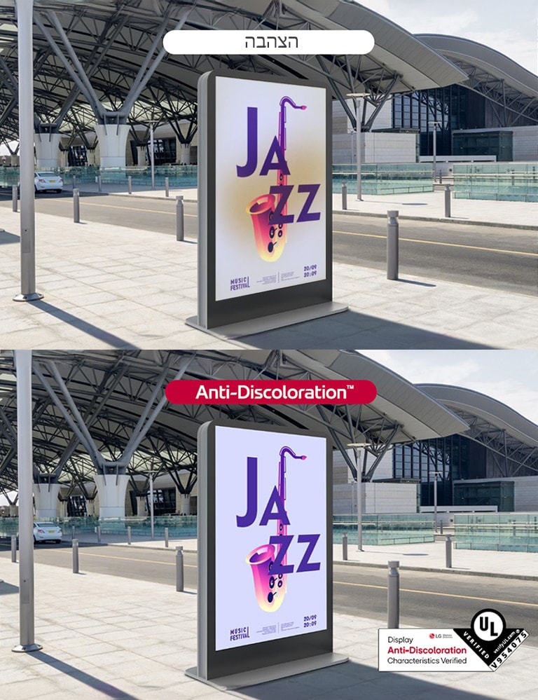 בצד שמאל של המסך מוצגת הצהבה הפוגעת באיכות התצוגה, אך עם מסך ה-XF3CK, שקיבל את תכונות UL Verification -Anti-Discoloration, המסך, כפי שהוא מוצג בצד ימין, נשאר ברור ואיכות התצוגה נשמרת.