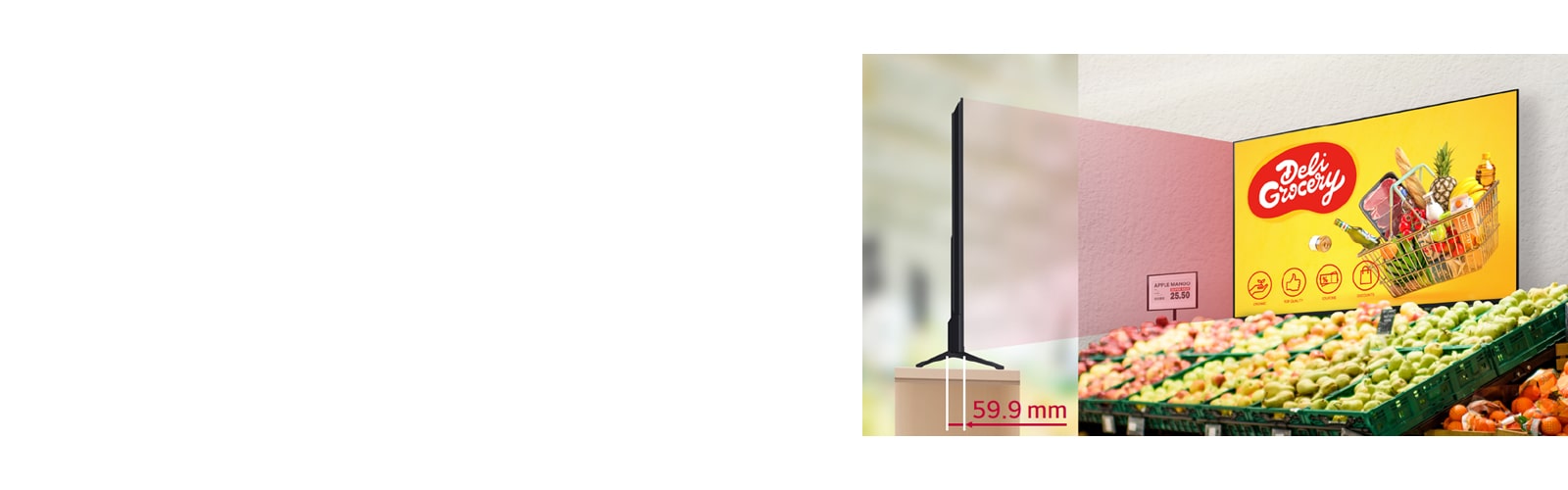 מסך PK640S מותקן במכולת, עם תצוגת צד מקרוב המדגישה את העיצוב הדק שלו.