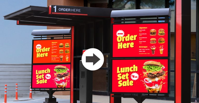 ארבעה מסכי XE4P-B מותקנים, ומדגימים כיצד webOS 6.1 מבטיח ייצוג צבע אחיד באמצעות תיקון סטיות קלות שהופיעו בעבר, גם בעת הצגת תוכן בצבע זהה.