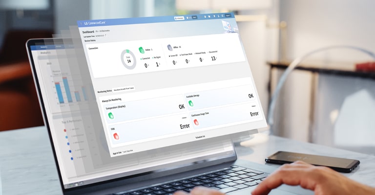 לוח המחוונים של LG ConnectedCare מוצג על מסך המחשב הנייד.