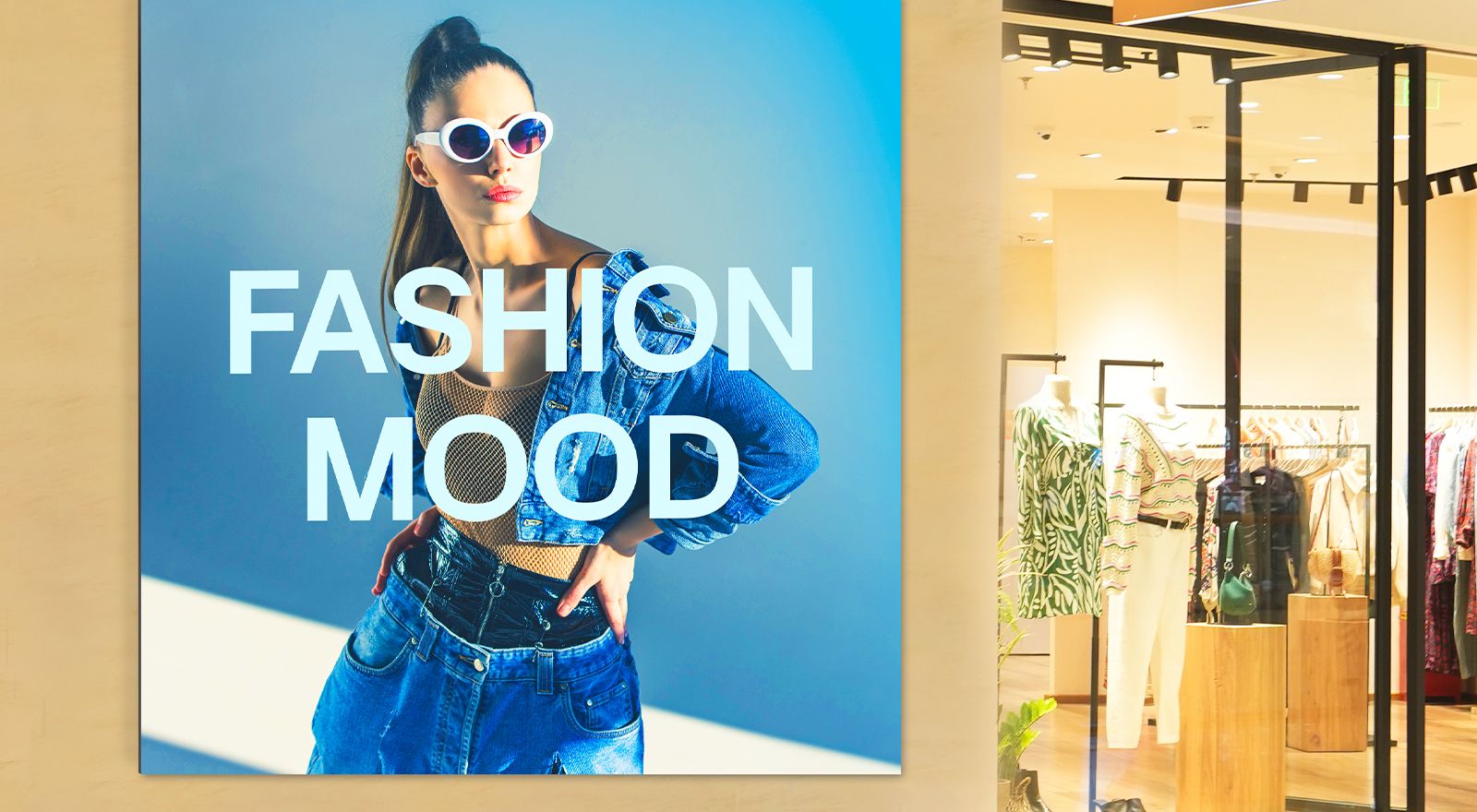 מסך LED גדול מותקן על הקיר בקניון, מציג פרסומות אופנה מרהיבות על מסך LED.