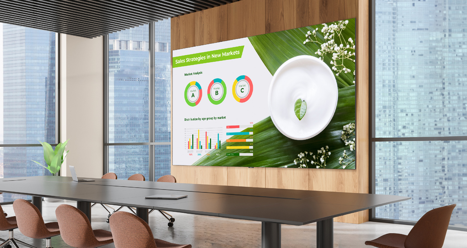 מסך רחב מותקן על קיר של אולם כנסים, ועל המסך הגדול מוצגת מצגת בולטת וברורה.