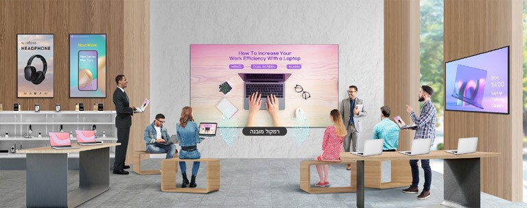 מסך LAPA גדול המותקן על הקיר של חנות קמעונאית מציג הרצאה הכוללת מוצרים, עם קול מושמע דרך הרמקול המובנה שלו.