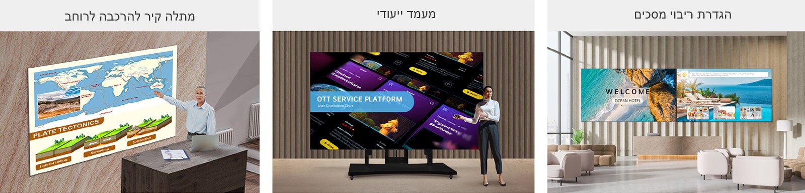 סדרת LAPA, המותקנת על הקיר עם מתלה קיר להרכבה לרוחב, עם מעמד ייעודי, וזו לצד זו כשתי תצוגות בהגדרת רב מסכים, מוצגות בשלוש תמונות שונות.