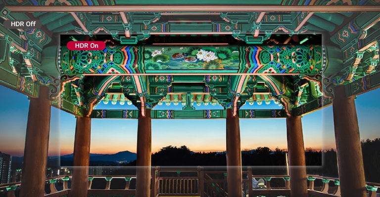 הדוגמאות המסורתיות הקוריאניות הבוהקות והצבעוניות נראות חיות ועדינות יותר במסך במצב On ‏HDR לעומת מסך במצב Off ‏HDR.