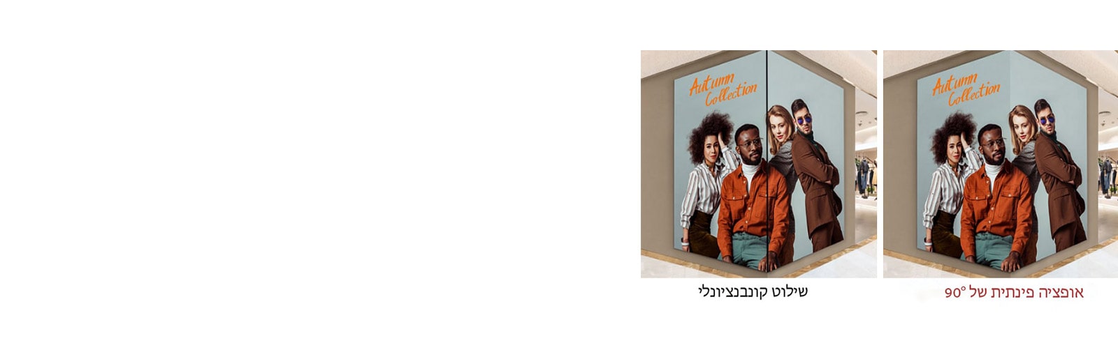 התוכן מוצג באופן יעיל, גם כאשר המסך מותקן בזווית פינתית של 90°.