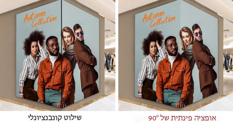 התוכן מוצג באופן יעיל, גם כאשר המסך מותקן בזווית פינתית של 90°.