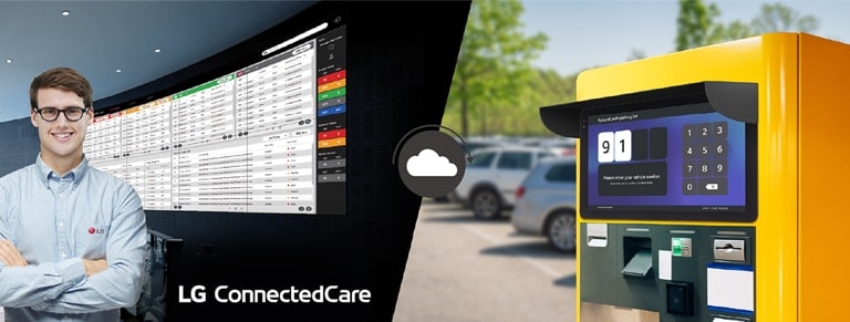 עובד LG מנטר מרחוק אחר סדרת 22XF1TJ המותקנת במקום שונה באמצעות פתרון ניטור מבוסס ענן מבית LG.