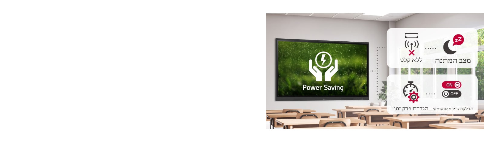 אם אין קלט במשך פרק זמן מסוים המכשיר עובר למצב המתנה, ואפשר להדליק או לכבות אותו באופן אוטומטי באמצעות הגדרת שעה, וכך לחסוך באנרגיה.