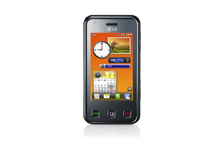 LG טלפון נייד מדגם Renoir בעל מצלמת 8 מגה-פיקסל הכולל וידג'טים מותאמים אישית, יישומי מולטימדיה, נגן MP3 ומערכת GPS מונחה, KC910