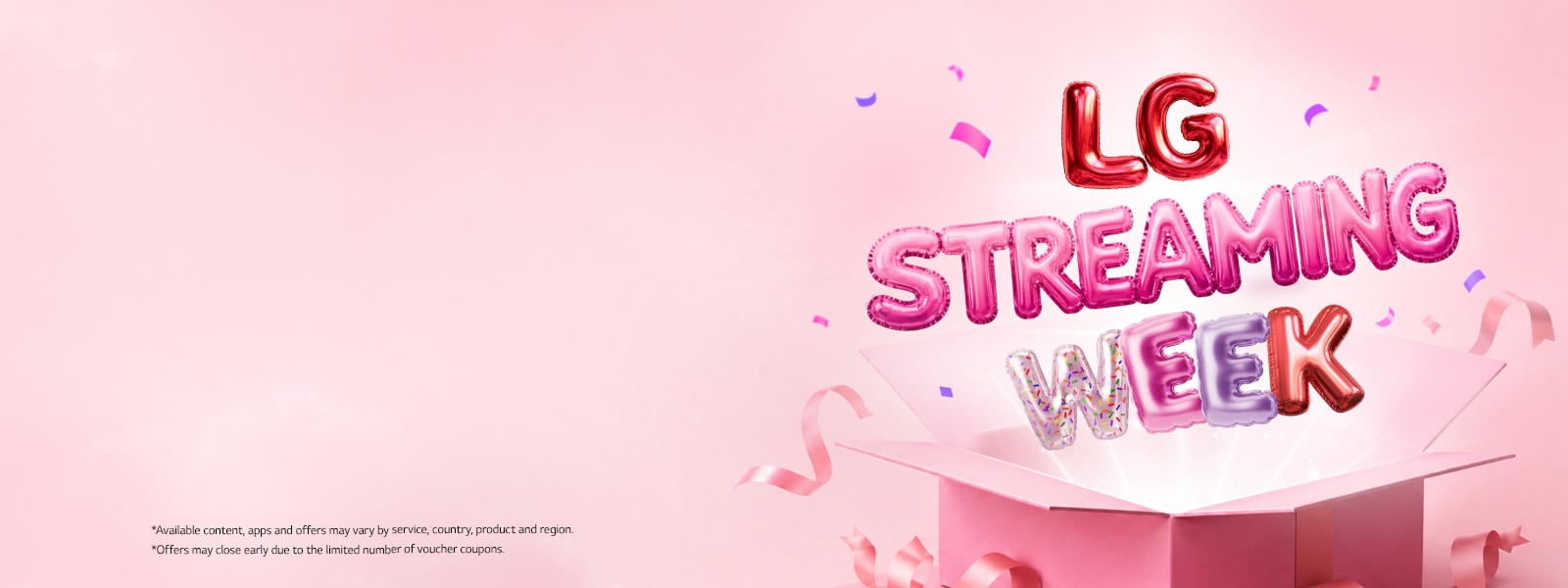 כיתוב "LG Streaming Week" צבעוני בסגנון בלונים מתרומם מתוך קופסת מתנה ורודה פתוחה, מוקף בסרטים וקונפטי על רקע ורוד רך.