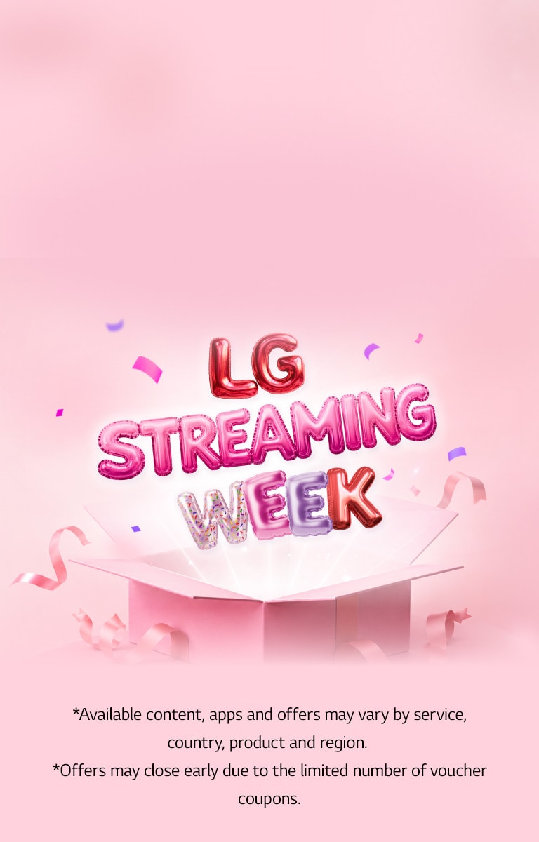 כיתוב "LG Streaming Week" צבעוני בסגנון בלונים מתרומם מתוך קופסת מתנה ורודה פתוחה, מוקף בסרטים וקונפטי על רקע ורוד רך.