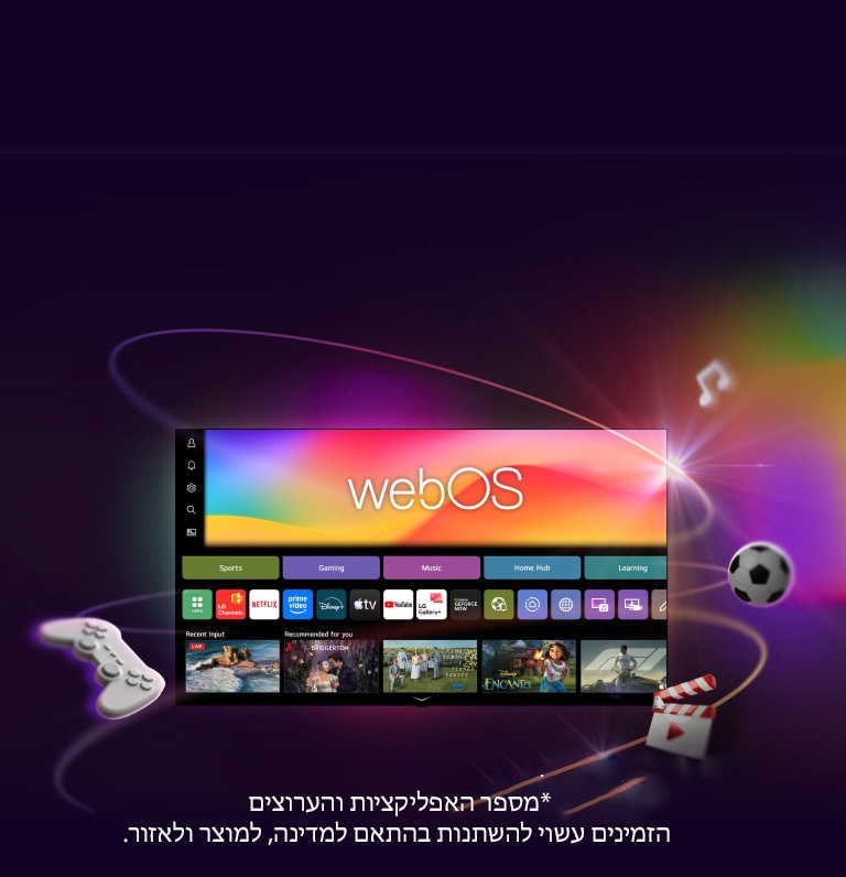 טלוויזיה חכמה של LG מציגה את מסך הבית של webOS עם אפליקציות בידור ואלמנטים של LG Channels המתפרסים באופן דינמי, ומדגישים מעל 4,000 אפליקציות וערוצים מכל העולם.