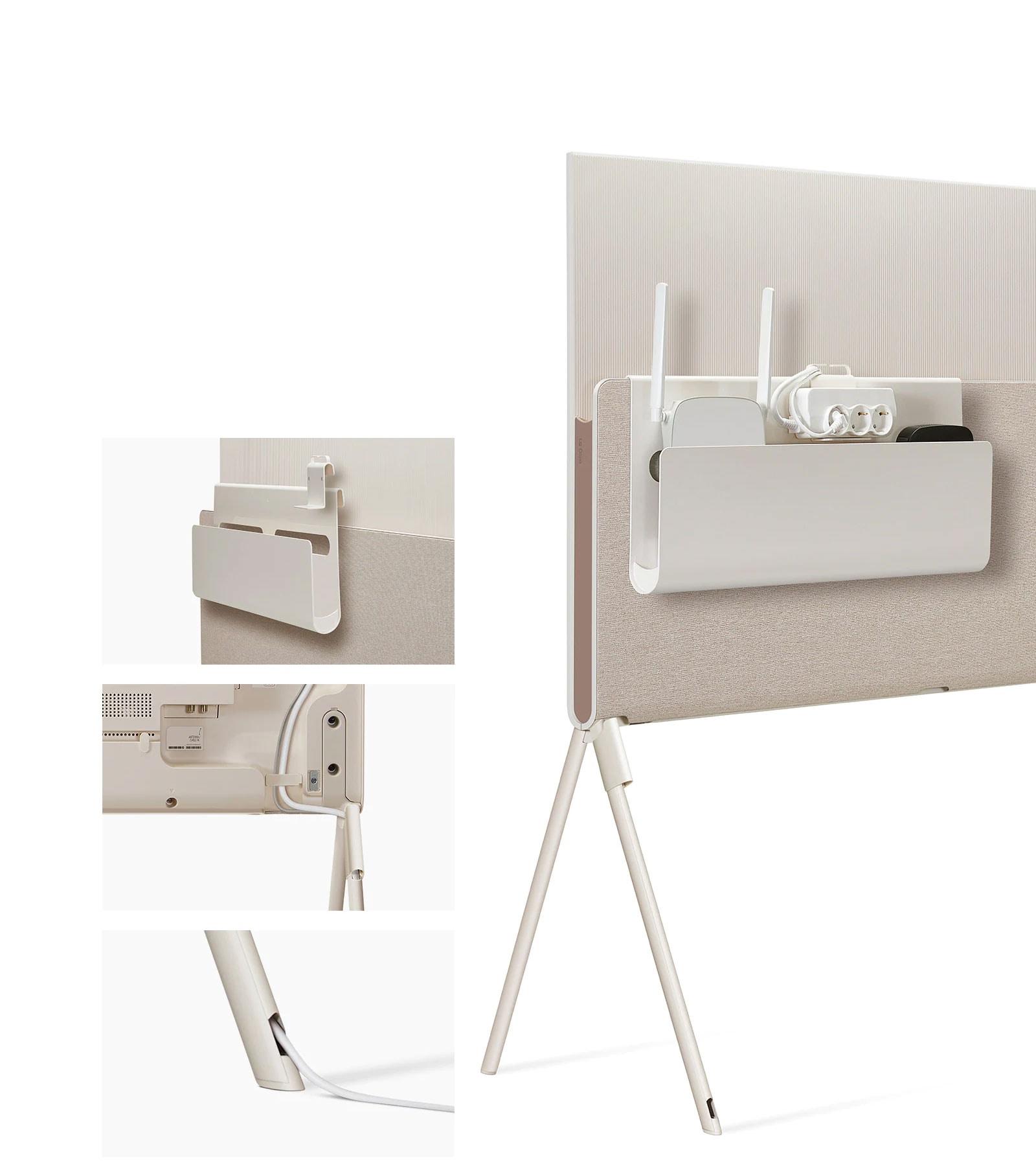 תקריב של המתקן לסידור הכבלים והאביזרים של Posé כשהוא מותקן על מדף המדיה. תקריב של מחזיק הכבלים הנתיק על בסיס הטלוויזיה. תקריב של הכבל שעובר לאורך רגל הטלוויזיה. תצוגה חלקית של Posé מאחור כשבמתקן לסידור הכבלים והאביזרים מותקנים נתב, שקע ומכשיר.