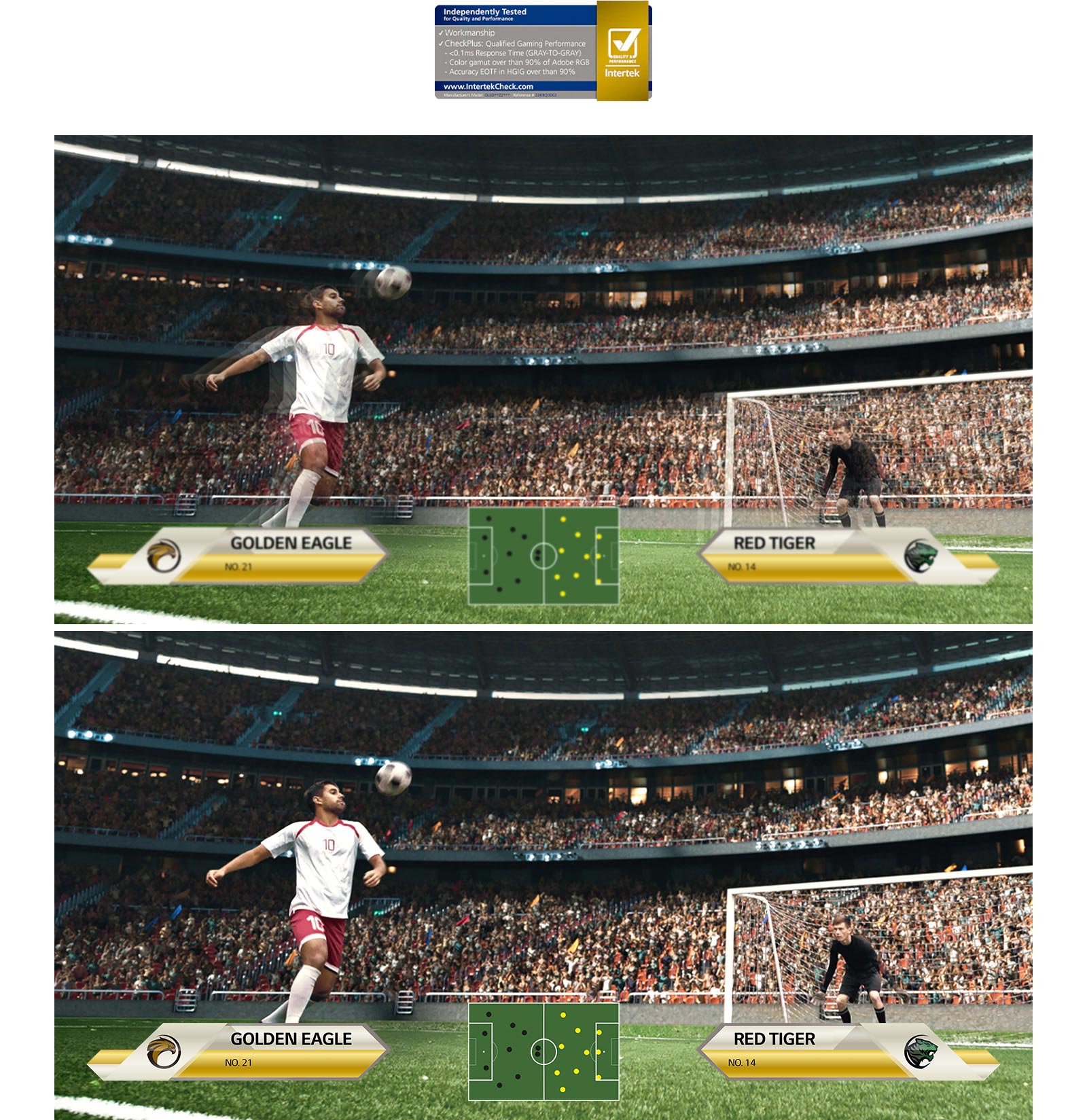 בתצוגה רגילה ובתצוגה של זמן תגובה מהיר מוצגת תמונה זהה של שחקן כדורגל. התצוגה עם זמן התגובה המהיר של 0.1 מילישנייה חלקה ומציאותית יותר באופן ניכר.