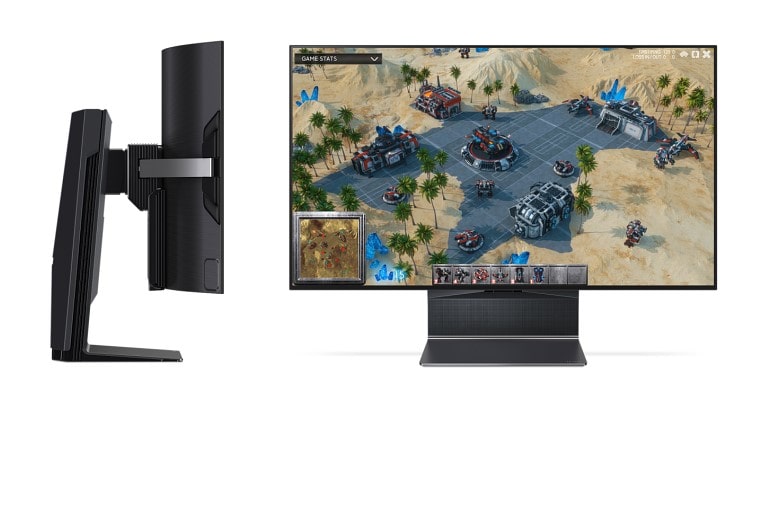 סרטון של LG OLED Flex המוצגת מלפנים ומהצד בזמן כוונון גובה ובזמן הטיית המסך.