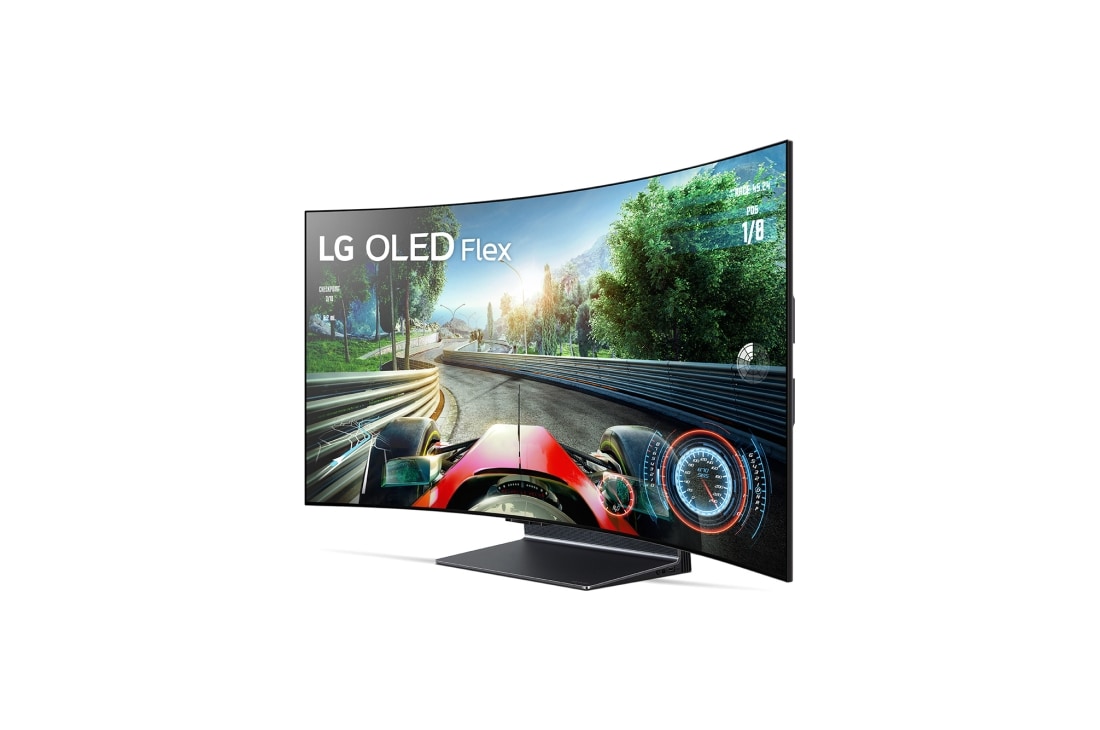 LG טלוויזיית LG 4K OLED evo FLEXible עם תאורת אווירה מסוג LED,  מעבד הבינה המלאכותית העוצמתי אלפא 9 מהדור ה-5 ברזולוציית 4K, תומכת בפורמטים 100% HDR, HDR Dolby Vision ו-Dolby Atmos. טלוויזיית webOS22 חכמה, הטלוויזיה היחידה עם G-Sync בנוסף ל-VRR ו-Freesync, הטלוויזיה הטובה ביותר לגיימינג., טלוויזיית Flex ניצבת כשהיא פונה לשמאל במבט קדמי עם זווית של 45 מעלות עם מסך קעור לחלוטין., 42LX3Q6LA