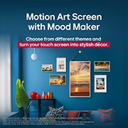 LG מסך מגע נייד  LG StanbyME 2 בגודל 27 אינץ, מסך ה-LG StanbyME 2 תלוי על הקיר כדי להציג את מסך ה-Motion Art שלו. Mood Maker בשימוש. יצירת אומנות מוצגת כדי להראות כיצד היא יכולה לשמש כתוספת מעוצבת לכל חלל. , 27LX6TDGA, thumbnail 3