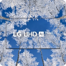 הטלוויזיה והלוגו LG UHD מוצגים במרכז – בצג הטלוויזיה וברקע מוצגים עצים עם נטיפי קרח בחורף.