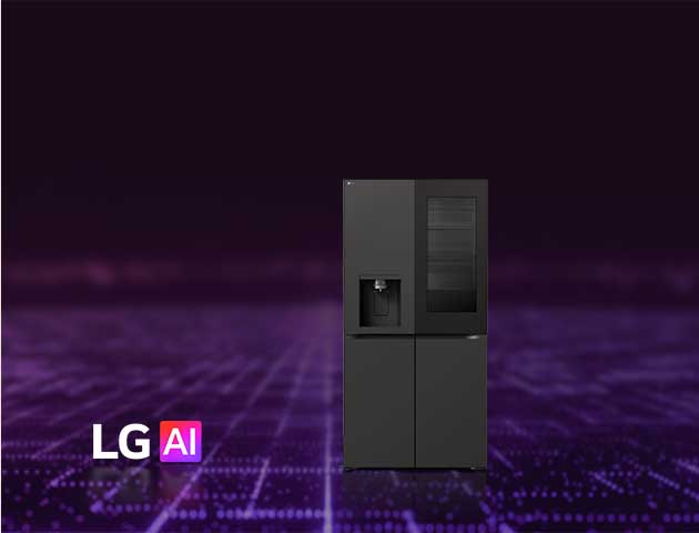 מכשירי מטבח AI‏ LG, הכוללים מקרר, מדיח כלים ותנור, מוצגים על רקע סגול בדוגמת מעגלים אלקטרוניים.