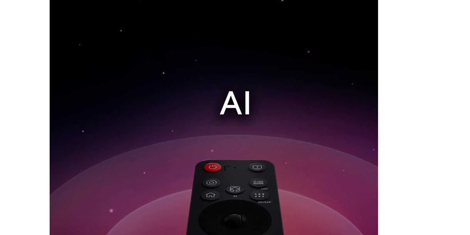 שלט ה-LG AI Magic Remote על רקע מופשט. לחצן ה-AI מודגש. מוצג מיצג גרפי של ממשק משתמש עם סמלים שונים המראים כיצד כפתור ה-AI מאפשר למשתמשים לגשת לפונקציות שונות של AI. השירותים כוללים AI Voice ID,‏ AI Search,‏ AI Chatbot,‏ AI Concierge,‏ AI Picture Wizard, ו-AI Sound Wizard. הפונקציונליות דמוית העכבר מוצגת לאחר מכן כאשר הסמן מופיע על פני ממשק, ומראה כיצד השלט מציע פקדים פשוטים.
