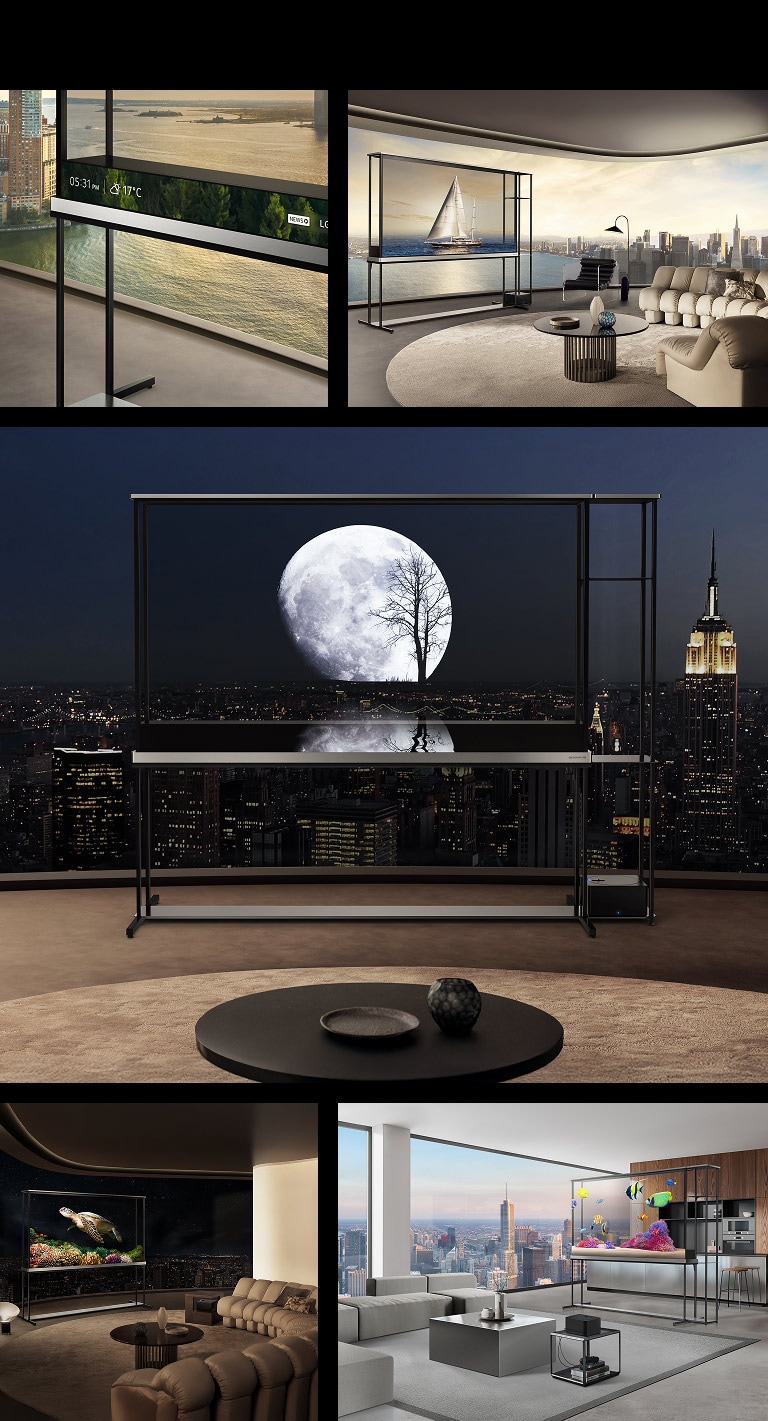 חללים שונים עם טלוויזיית LG Signature OLED T. בכל אחד מאלה הטלוויזיה נמצאת במצב שקוף ומראה כיצד הוויזואליה של ה-T-Content משתלבת עם המציאות. באחת הסצנות, גם סרגל המידע גלוי ומציג את התאריך, השעה והטמפרטורה.