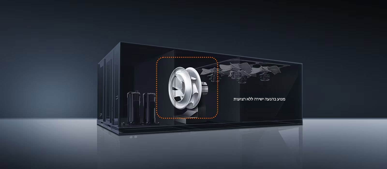 תצוגת חתך של יחידת Single Package עם גלגל מאוורר מודגש. הטקסט מציין "ללא חלקים נוספים (הפחתת עלויות חלקים ועבודה)."