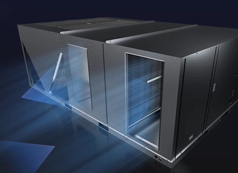 יחידת Inverter Single Package עם חצים כחולים המצביעים בכיוונים שונים ומייצגים את זרימת האוויר. לוח הפנים פתוח חלקית, חושף את הרכיבים הפנימיים.