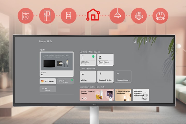 מסך ה-LG Smart Monitor מציג את ממשק לוח המחוונים של ThinQ Home.	