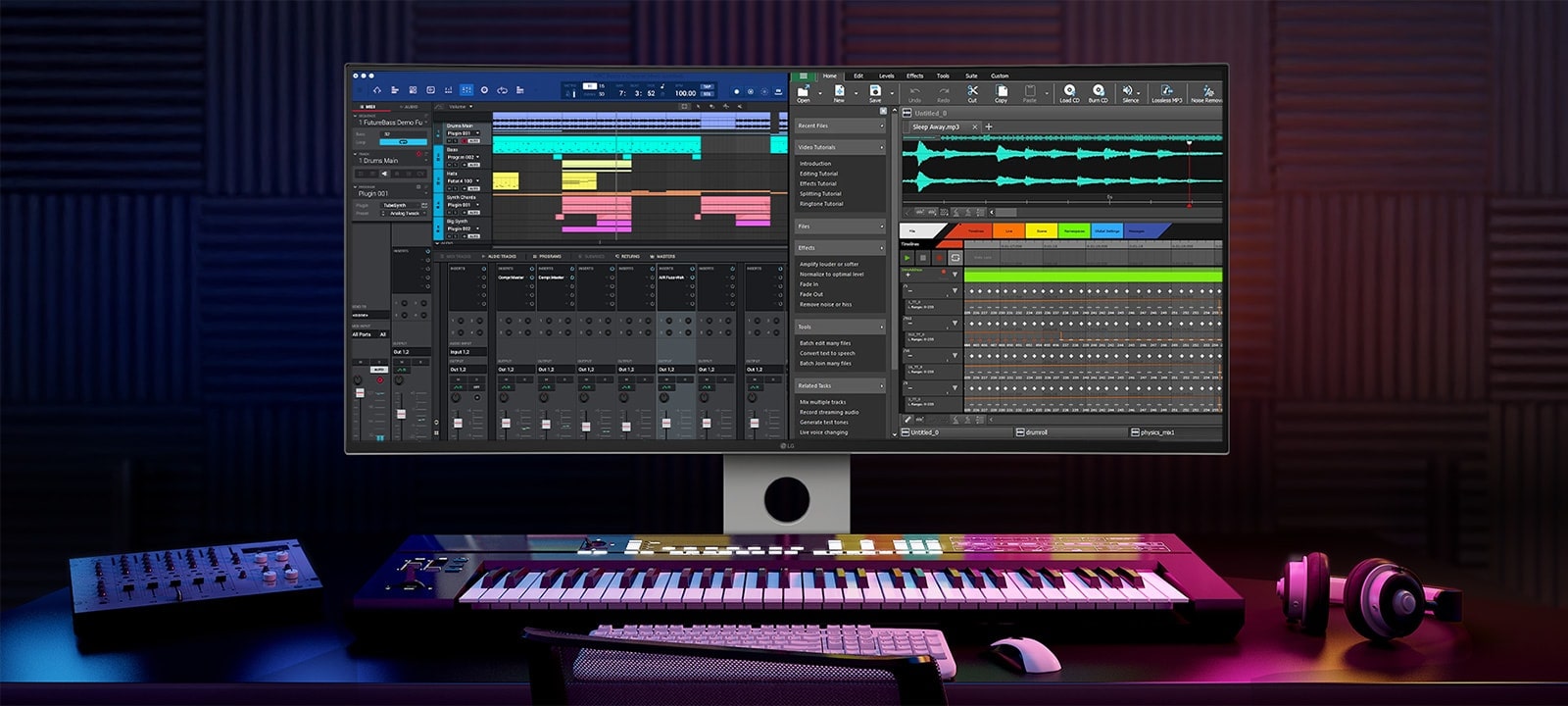 In a dark room with blue and violet lighting a UltraFine monitor stands with recording program on it. On the desk where it stands a keyboard, tablet, headphone and other accessories are placed.	