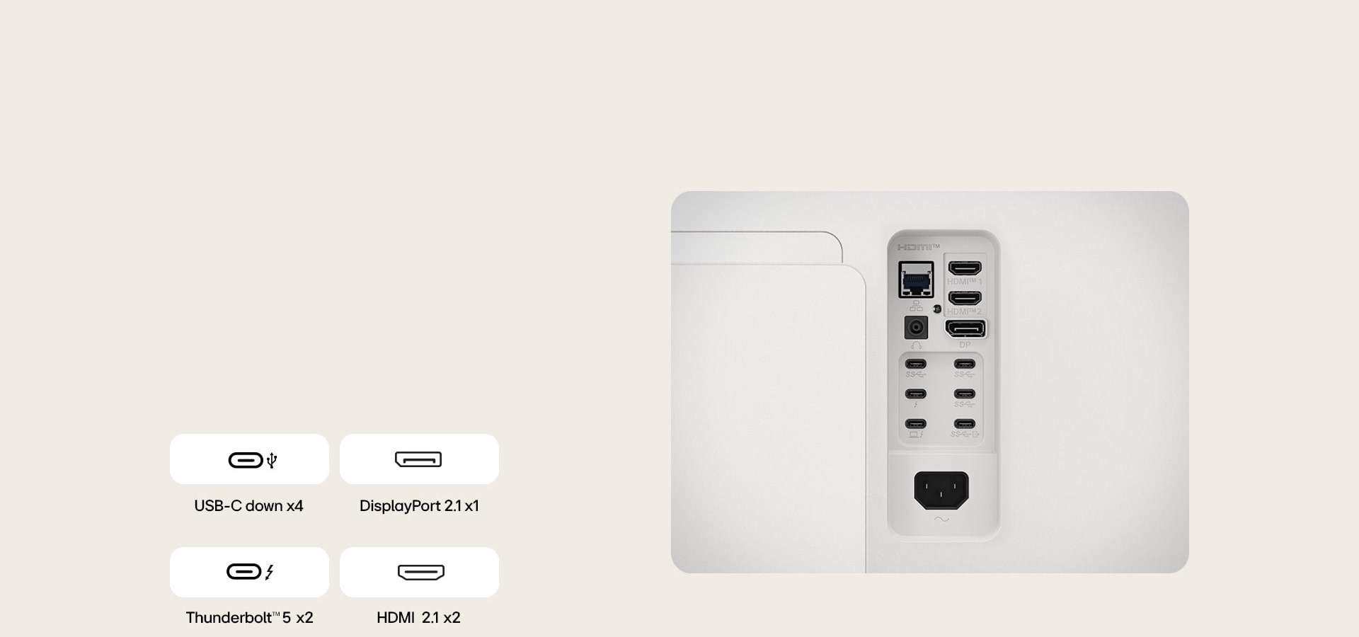 Close-up image of UltraFine monitor's ports to show the various cable connectivity it has.	 