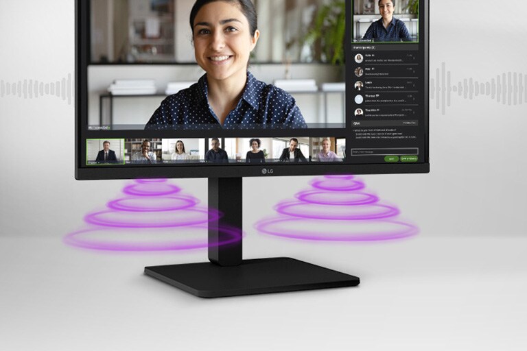 מבט צד המציג סצנת ועידת וידאו על הצג.