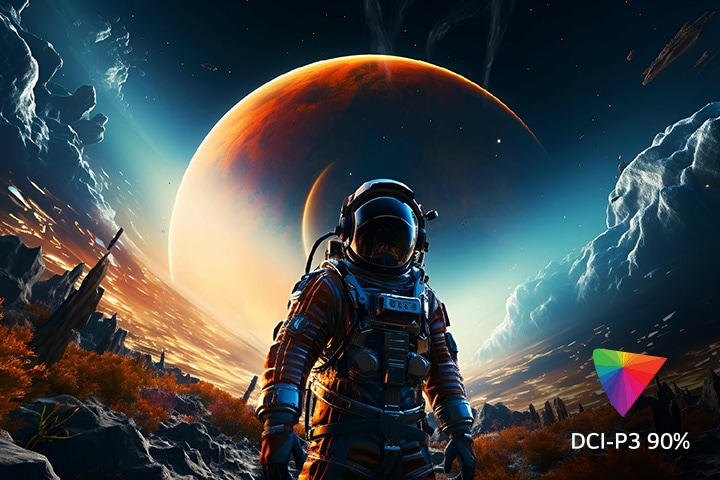 המסך מכיל צבעים שונים המייצגים את UHD 4K, ובפינה הימנית התחתונה, יש סמלי לוגו המציינים HDR ו-DCI-P3 90%.	