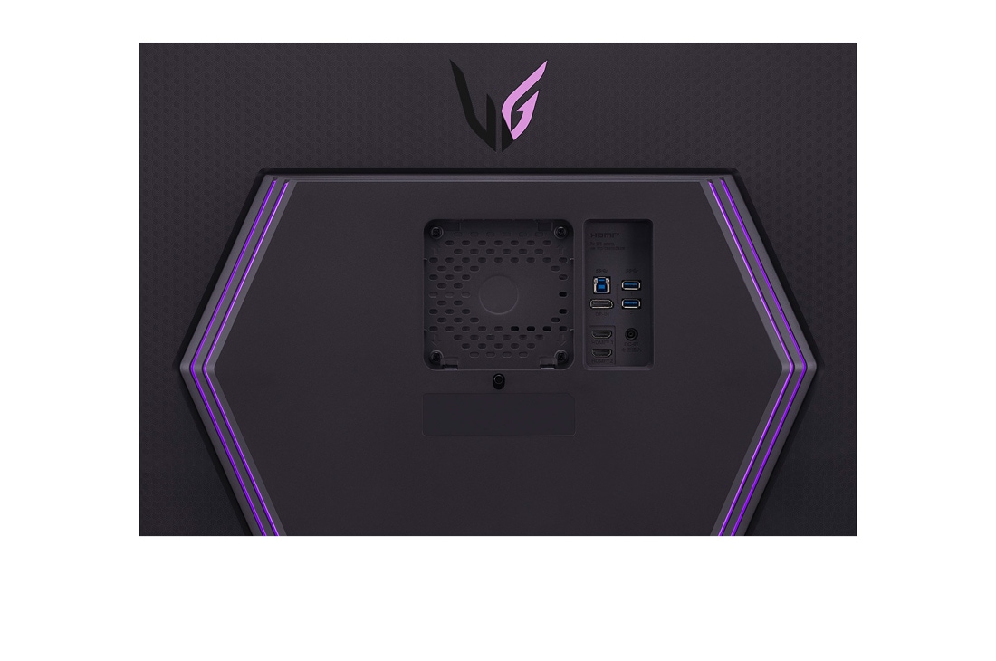 LG מסך ''32 גיימינג UltraGear™ UHD IPS 144Hz 1ms (GtG) תומך ®HDR 400 / G-Sync ביחס 16:9, מבט תקריב של היציאות כשהתאורה דולקת, 32GR93U-B, thumbnail 12