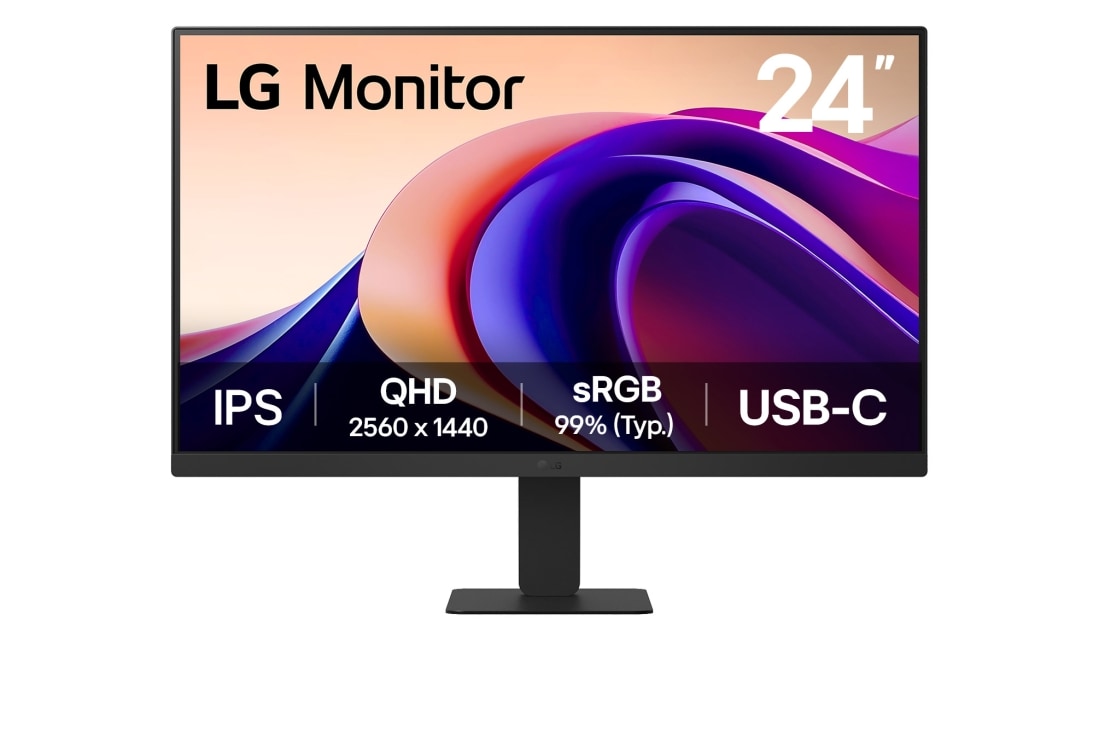 LG מסך '24 QHD 100hz IPS מתכוונן עם USB-C ביחס 16:9, מבט קדמי, 24U631A-B