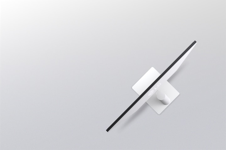 מבט צד של צג לבן המציג כוונון הטיה באמצעות קווי מתאר חופפים, הממחישים את טווח התנועה הארגונומי שלו.