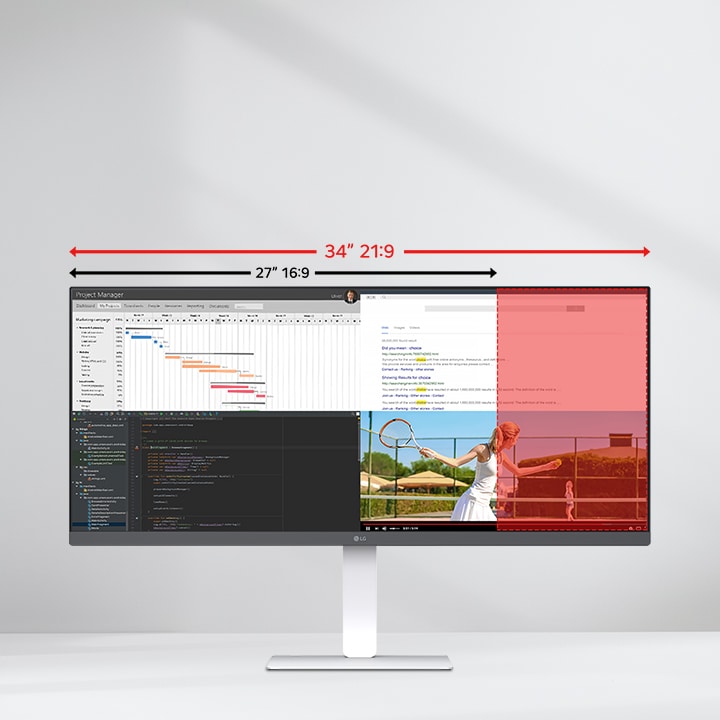 צג LG רחב במיוחד בגודל 34 אינץ’, המציג השוואה בין יחסי המסך 21:9 ו-16:9, עם הצגת מספר יישומים זה לצד זה לצורכי עבודה מרובת משימות.