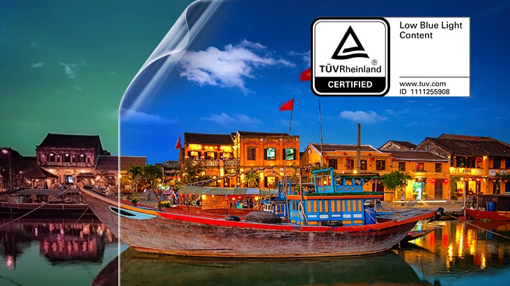 השוואה בין תצוגה עם הפחתת אור כחול לבין תצוגה ללא הפחתה, המדגימה צבעים חיים עם טכנולוגיית אור כחול מופחת בהסמכת TÜV Rheinland certified.