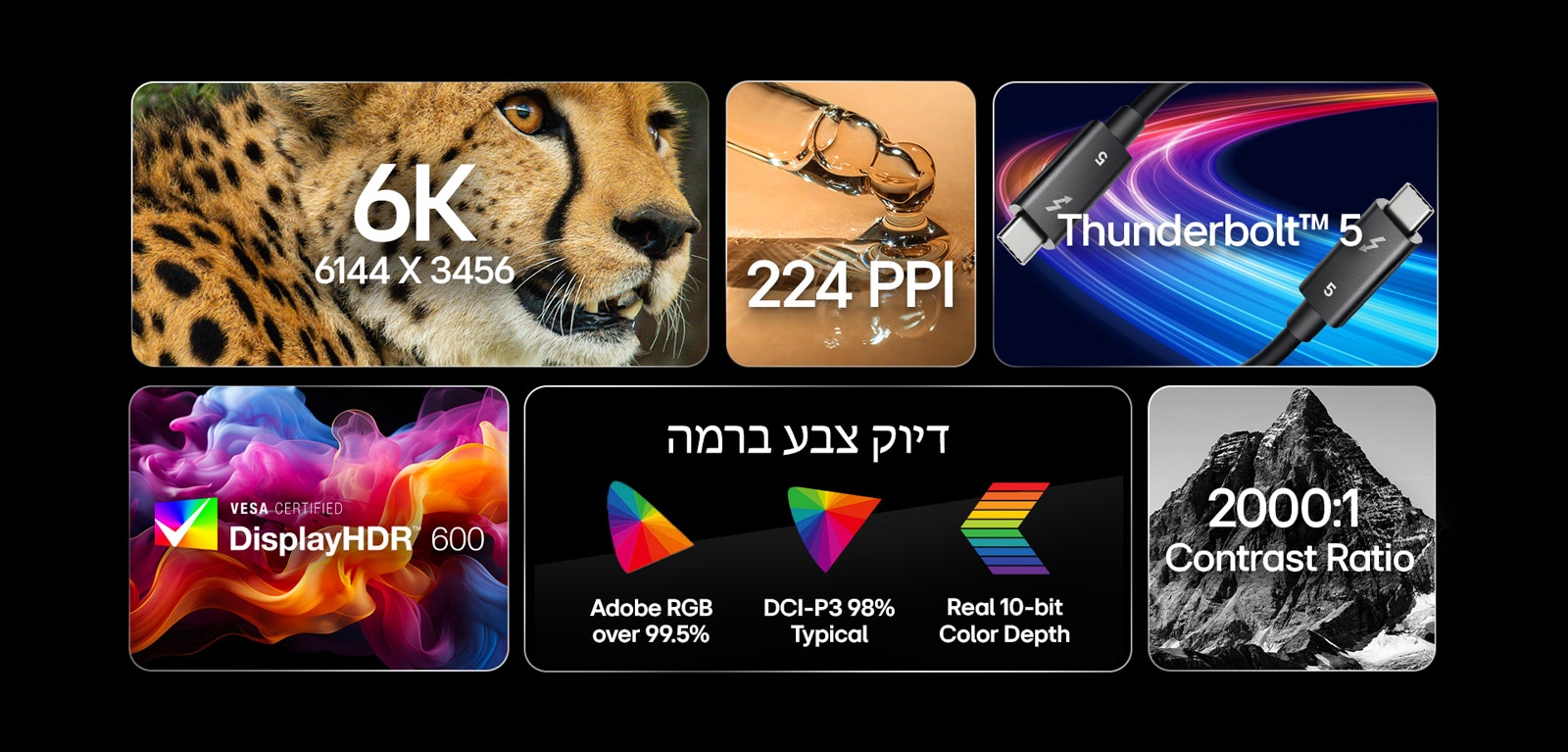6 תמונות שונות עם טקסט המדגיש את התכונות המרכזיות של UltraFine